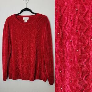 ALFRED DUNNER Red Studded Cable Knit Chenille Sweater Christmas Plus Size 1X